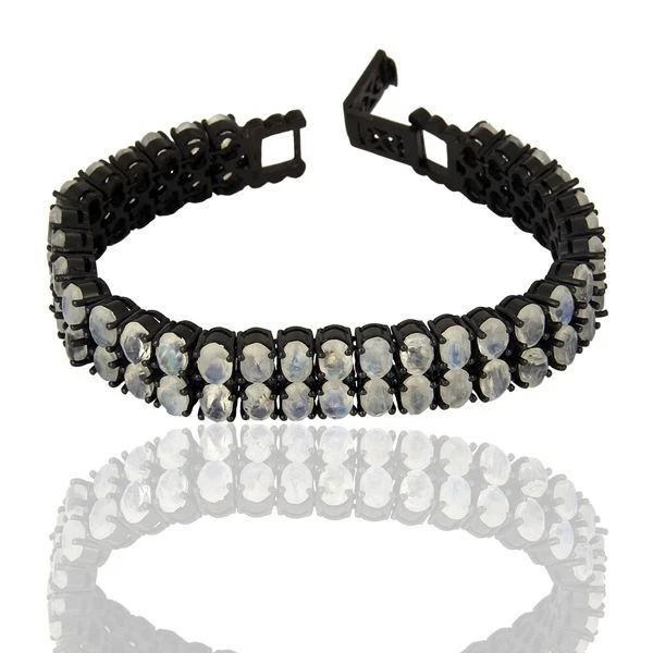 Pulsera Tenis Plata 925 Negra Rodio Piedra Lunar Natural Hecha a Mano Joyería Foto 2 de 3