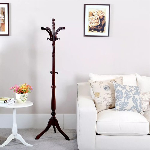 Rustic Wooden Coat Rack Stand Height Adjustable Hall Tree Entryway Clothes Rail - Picture 12 of 18