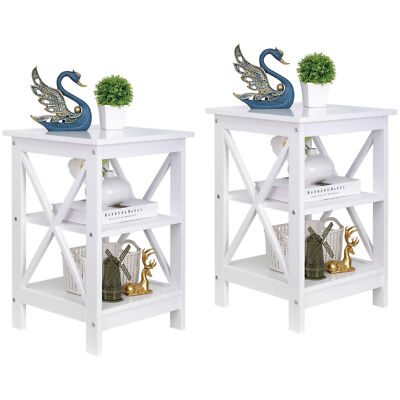 2PCS White End Tables Sofa Side End Storage Shelf Durable Organizer Rack