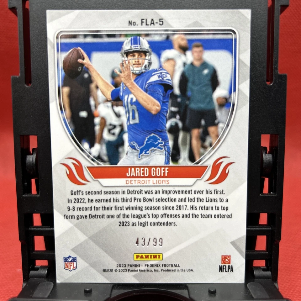 2023 Phoenix Numbered /99 FLAME THROWERS Orange #FLA-5 Jared Goff Detroit Lions - Image 2 of 4