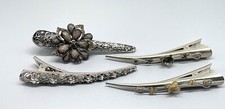 Four Long Silver Tone Flower Rhinestone Hair Clips