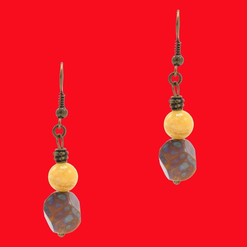 Dangle Beaded Fashion Hook Earrings Agate & Yellow Onyx Antiqued Bronze - Picture 5 of 5