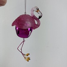 Hot Pink Flamingo Jingle Bell Christmas Tree Ornament Glass Metal Hanging Bird
