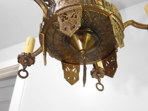 Antique Art Deco Ornate Copper/Brass 5 Light Chandelier Light Fixture - Picture 3 of 12