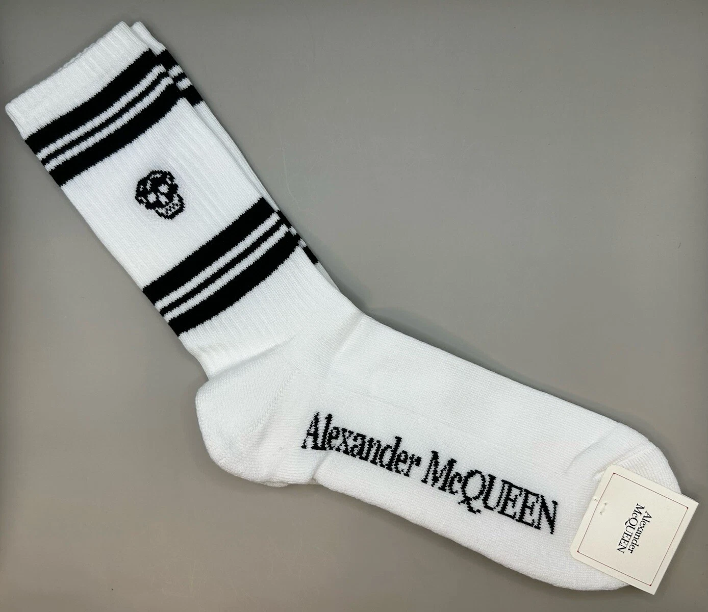 Alexander McQueen Logo Stripe Skull Socks White/Black Size M (24-26cm) Authentic