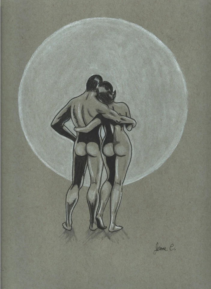 Figura desnuda dibujo pareja beso mi culo luna san valentín tinta artista Jerome Cadd Foto 2 de 3