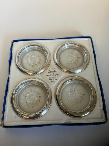 Vintage Crystal and Silver Plated Coaster Ashtray Leonard Italy Set of 4