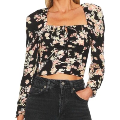 NWT Free People Womens Hilary Printed Top Black Combo Sz L | Cropped Floral Boho