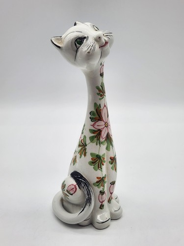 VTTG Mancioli Italian Pottery Long Neck Cat Flowers MCM 1960 ~8" H - Picture 4 of 13