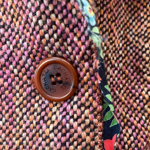 Cacharel Paris Made in France Red Orange Tweedy Wool + Floral Jacket NEW S - Picture 5 of 6