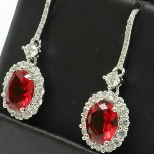2.50 Ct Oval Cut Simulated Red Ruby Drop & Dangle Earrings 14k White Gold Plated - Picture 2 of 4