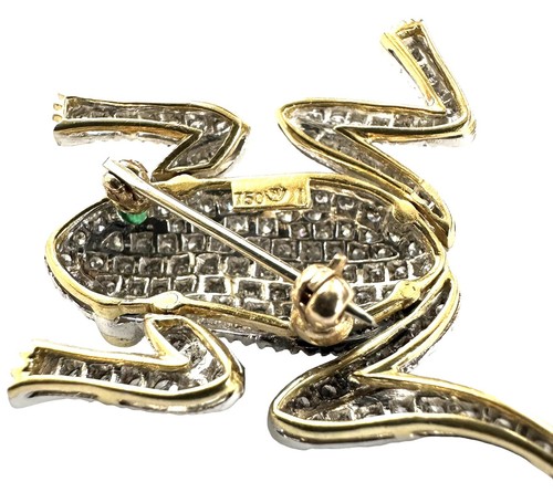 Signed Articulated Frog Diamond 1.75 Carat Emerald Eyes 18kt Gold Brooch 12.30 g - Picture 8 of 19