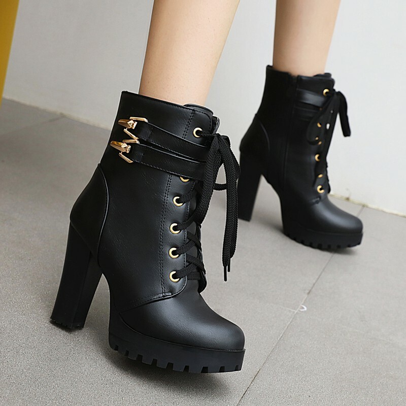 New Womens Buckle Ankle Boots Ladies High Block Heel Lace Up Zip