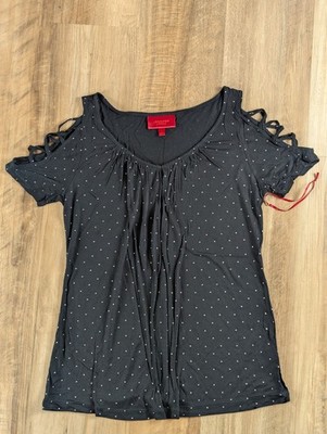 Women's Jennifer Lopez Lace Up Cold Shoulder Embellished Black Top Sz S