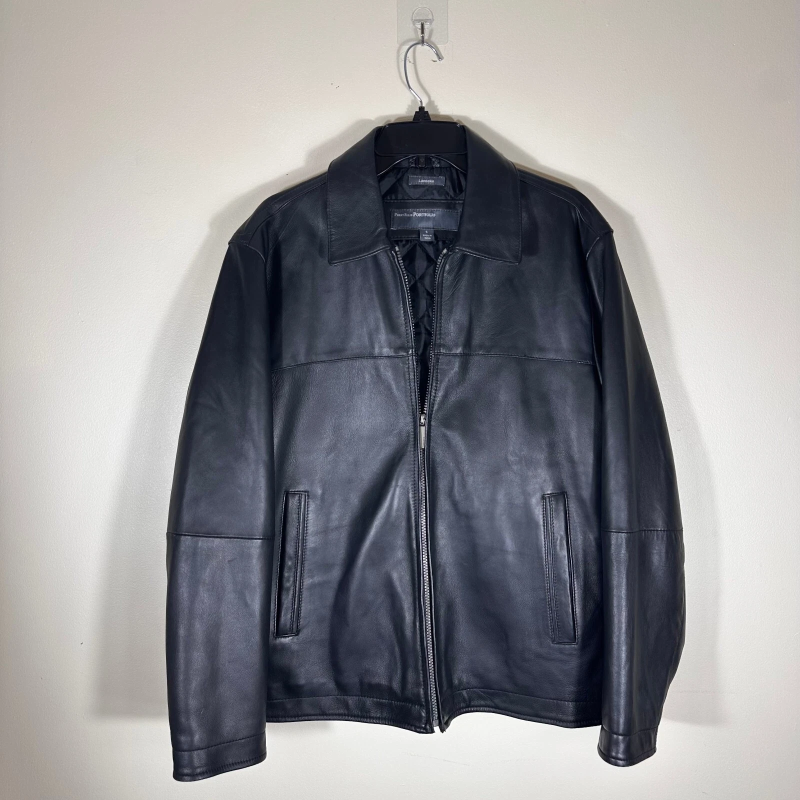 Perry Ellis Portfolio Lambskin Leather Black Jacket Quilted Lining - product detail image 1