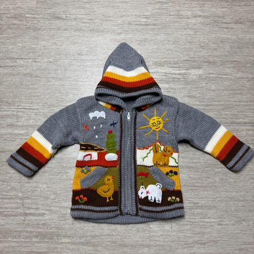 Handgefertigter peruanischer Strickpullover Kinder Reißverschluss bestickt Sonne Tiere 2-3 Jahre