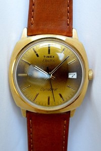 Authentic Timex Dynabeat Electric 1975 Tiger Eye Dial, Gold Plated Cushion Case, Running