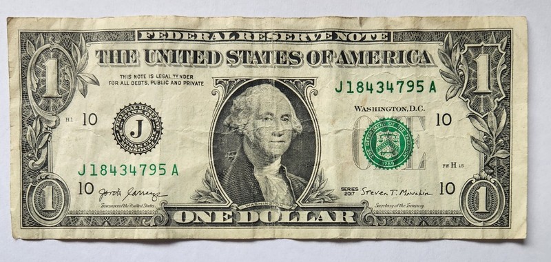 ERROR NOTE, $1 Bill,  Upper Serial Number Is Darker, J18434795A