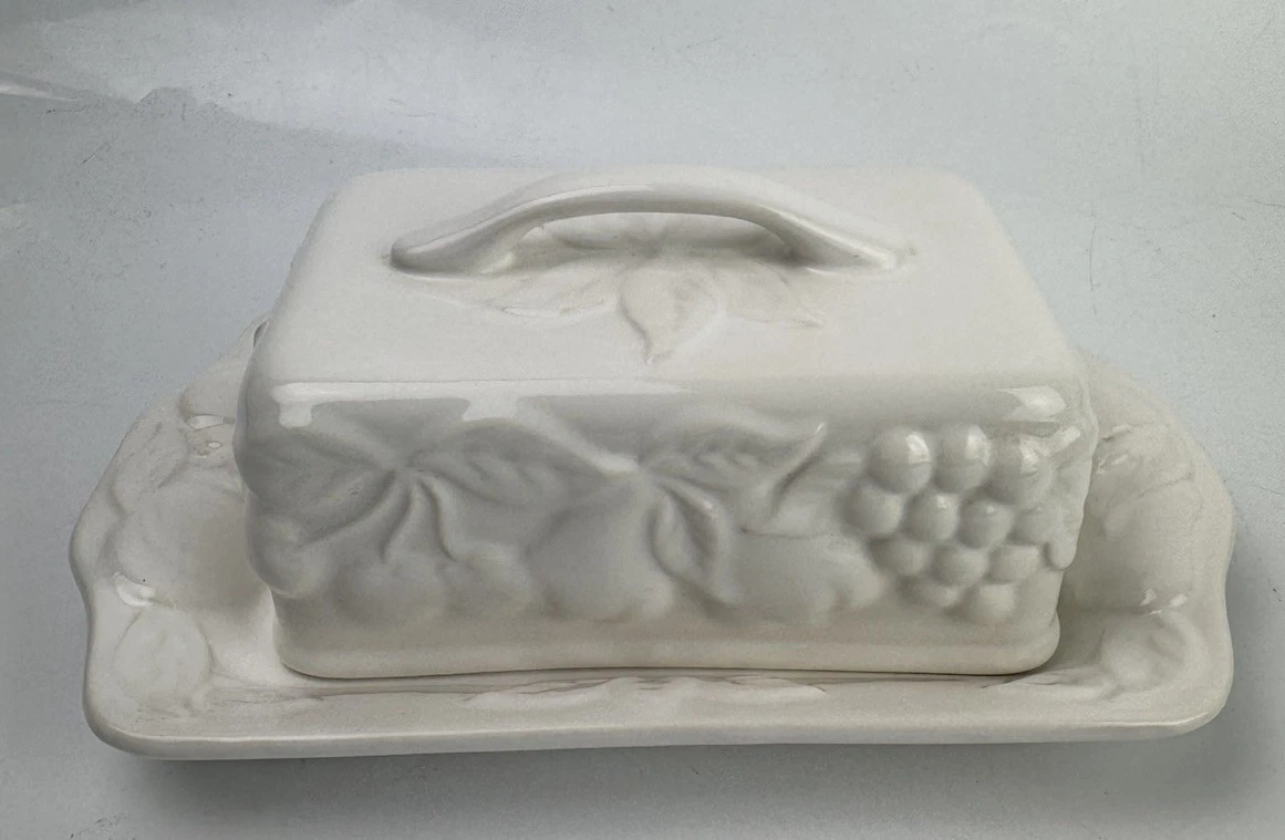 St Michael Vintage Lidded White Ceramic Butter Dish Embossed Fruit Design - Rare