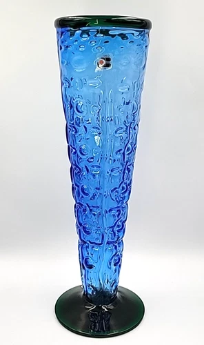 Vtg Blenko Glass 9426 Texured Vase in Azure/Emerald base Designed by Hank Adams