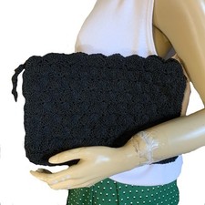 WOMEN'S VINTAGE CIRCA 1980'S BLACK CROCHET GIMP FORE CLUTCH BAG