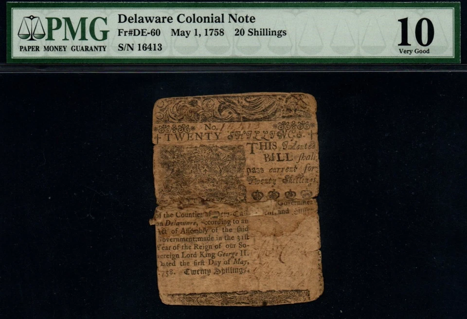 1758 Ben Franklin Printed Delaware 20 Shillings PMG Certified Colonial Note! - Image 2 of 4