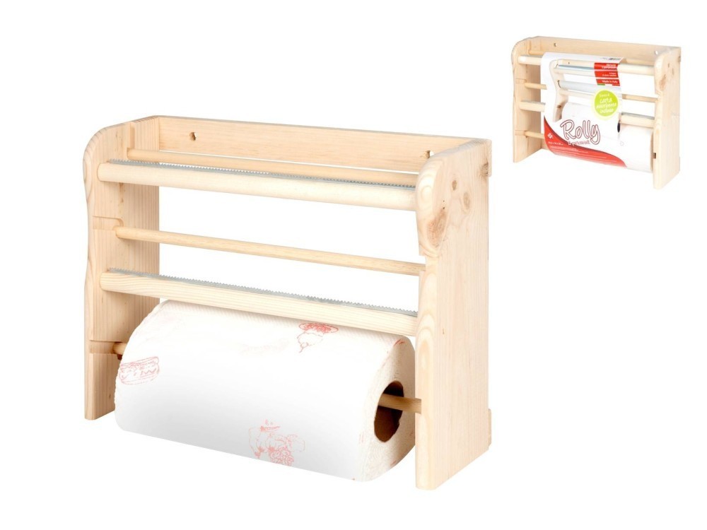 Estante Con 3 Soportes Para Rollos De Cocina En Madera Clara Blanco Home