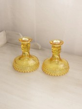 Vintage LE Smith Yellow Glass Hobnail Candlesticks (Set of 2) Spring Home Decor