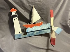 Antique Nautical Folk Art Painted Wooden Whirligig Rocking Sailboat & Lighthouse