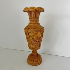 10" Carved Wood Vase Ornate Animals Elephant Lion Safari India 