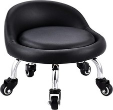 Ergonomic Low Roller Stool with Wheels - Leather Cushion, Backrest, Office