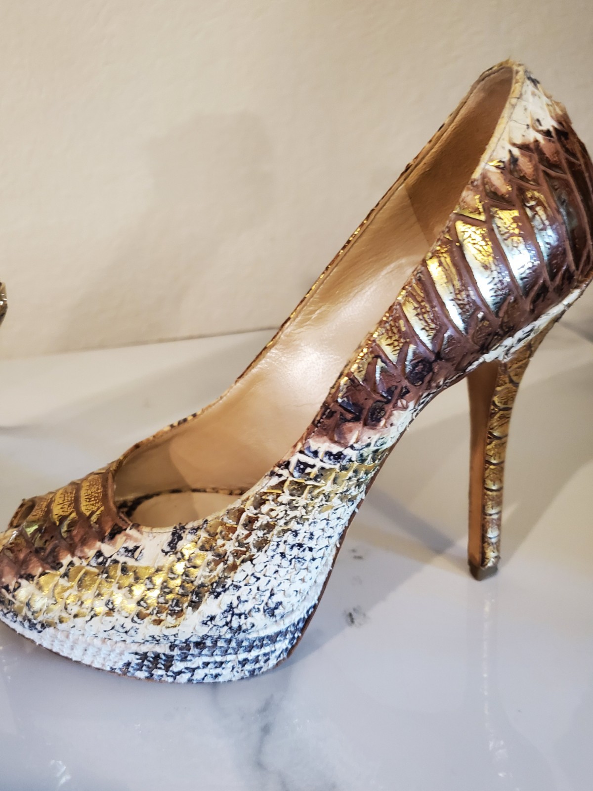 Dior Gold Beige Python Snakeskin Platform Peep To… - image 10