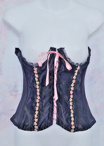 VTG Fredericks of Hollywood Bustier Sz L Black Pink Embroidered Lace Up Cupless
