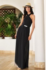 Lauren Ralph Lauren Polka Dot Belted Georgette Halter Gown 14 Black/Cream NEW!!