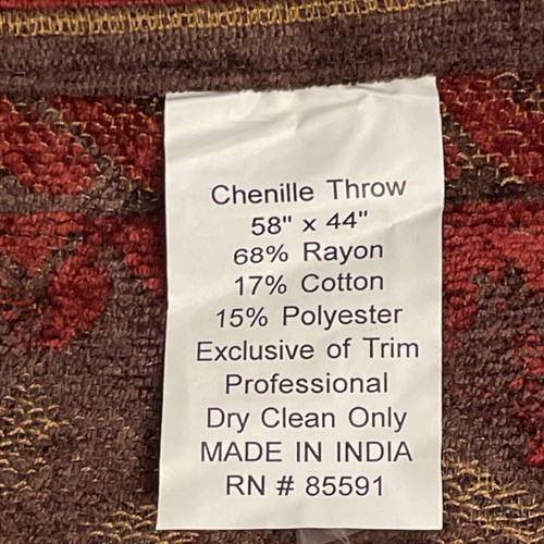 Chenille Throw Blanket 58x44" Red Floral Rayon/Cotton Blend Fabric Heavy Tassels - Picture 4 of 7