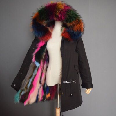 Women Raccoon Fur Iinner Real Fur Collar Hooded Parka Warm Jackets Coat Overcoat