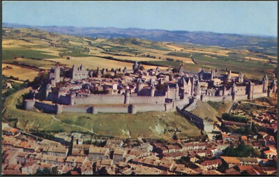 Pan Am Postcard Carcassonne Walled City France Aerial View near Spanish Border