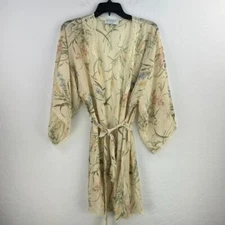 Vintage Val Mode Lingerie Chiffon Robe Lace Womens 12 Cream Floral Tie Waist