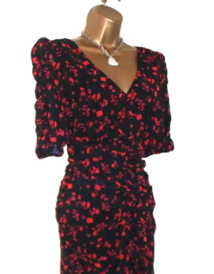 Floral Bodycon Red Black Dress 12 Puff Sleeve  Party Occasion Wedding V Neck