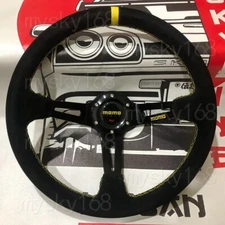 13'' Deep Dish Racing MOMO Steering Wheel Car Suede Leather Yellow Horn