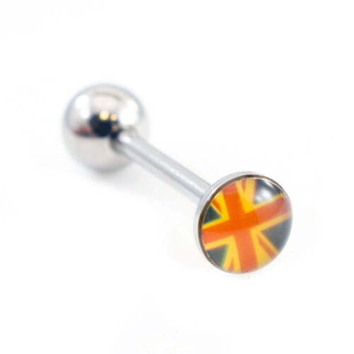 Surgical Steel Tongue Ring Straight Barbell 14 Gauge & British Flag Logo - 第 1/4 張圖片