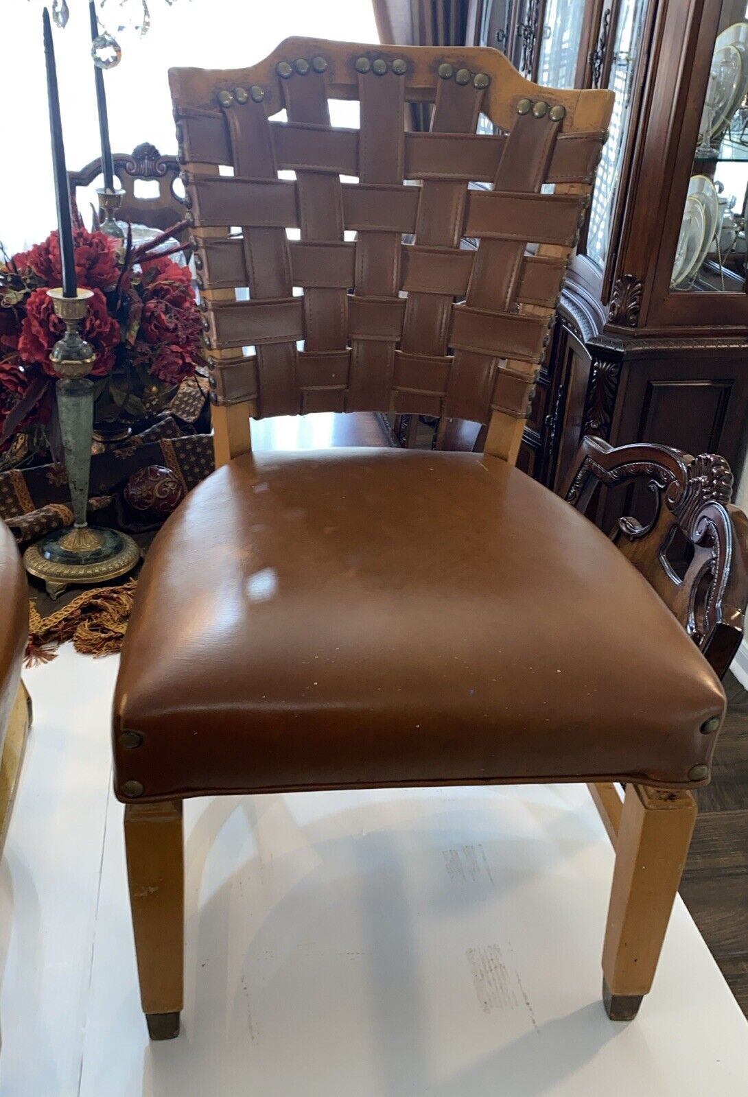 Vintage 2 Luby‘s Shelby Williams Chairs With Cushion Seats & Woven Leather Back