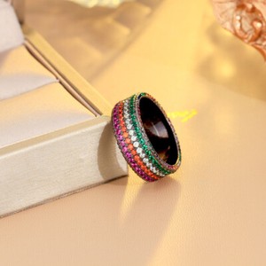 Authentic Multicolor Rainbow Black Gold Plated CZ Wide Wedding Band Finger Engagement Ring