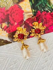 Christian Lacroix Vintage Baroque Rose Flower Pearl Water Drop Chunky, Earrings