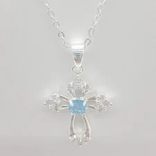 Silver Tone and Blue Crystal Cross Religious Pendant on Silver Tone Chain NEW