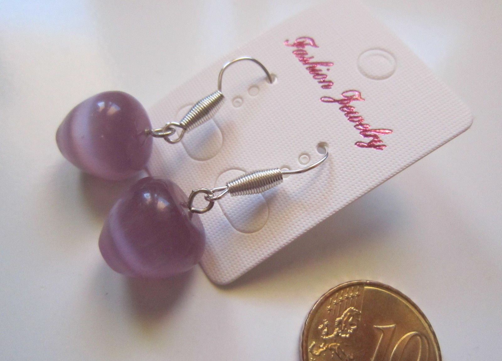 Pendientes cristal ojo gato lila forma manzana baño plateado 35 mm 200