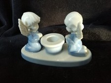 Vintage Kneeling Angels Candle Holder Blue And White Boy And Girl