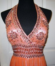 Adrianna Papell Orange 100 Silk Bead/Sequin Halter Formal Long Gown, 10R - 435