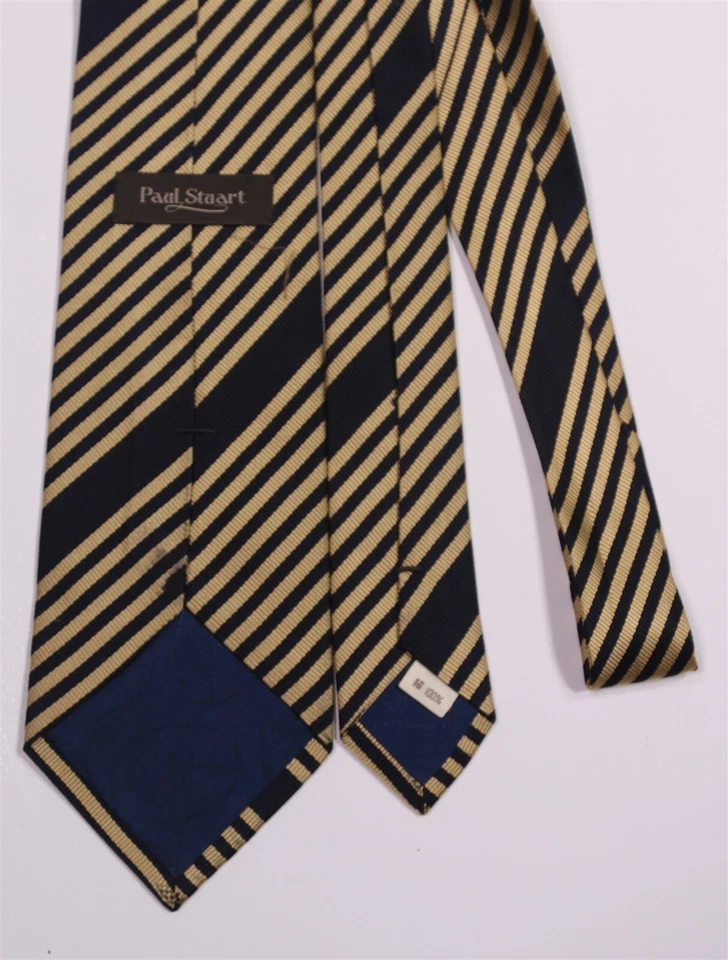 Corbata Paul Stuart Dorada Azul Marino Sarga Rayas Seda Hecha a Mano Hecha en Japón Foto 4 de 4