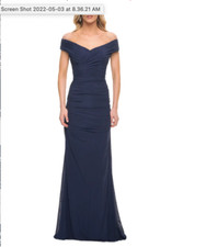 LA FEMME STRAPPY BACK RUCHED TRUMPET NAVY GOWN DRESS 12